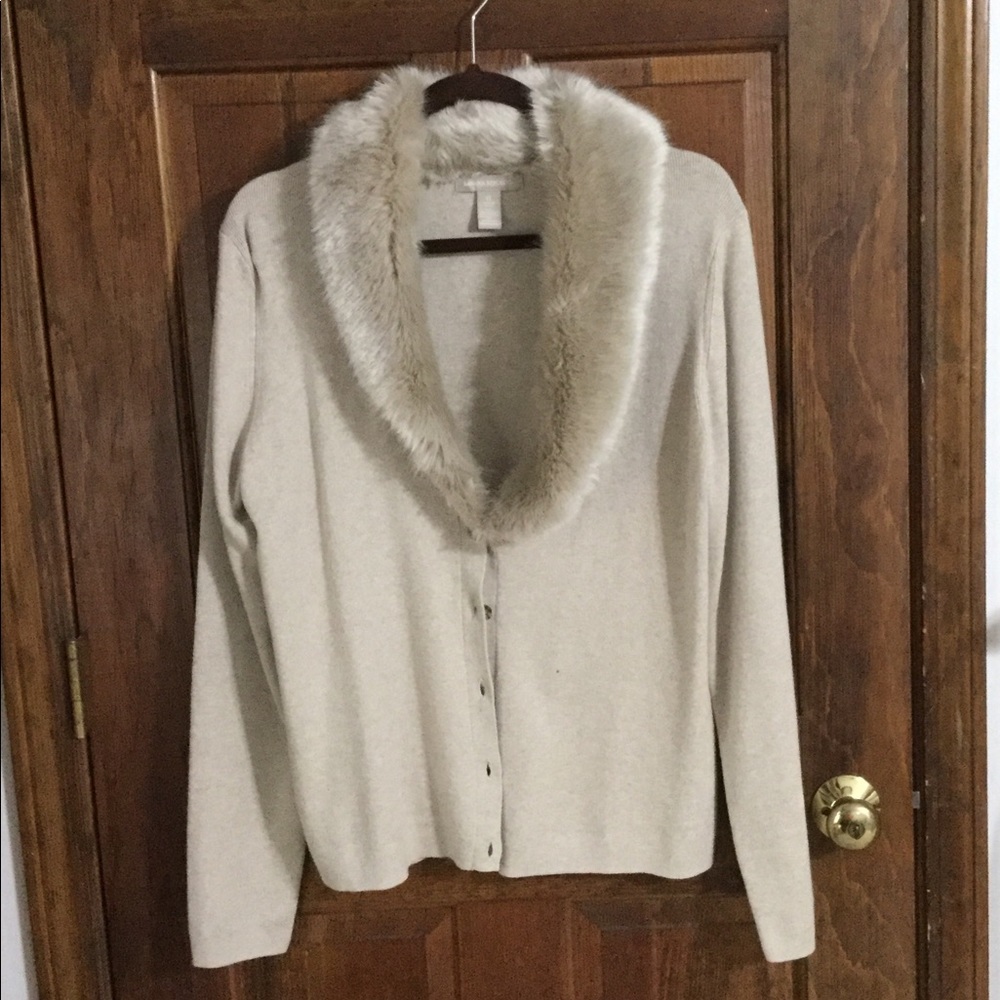 Cardigan, faux fur collar, oatmeal color. EUC